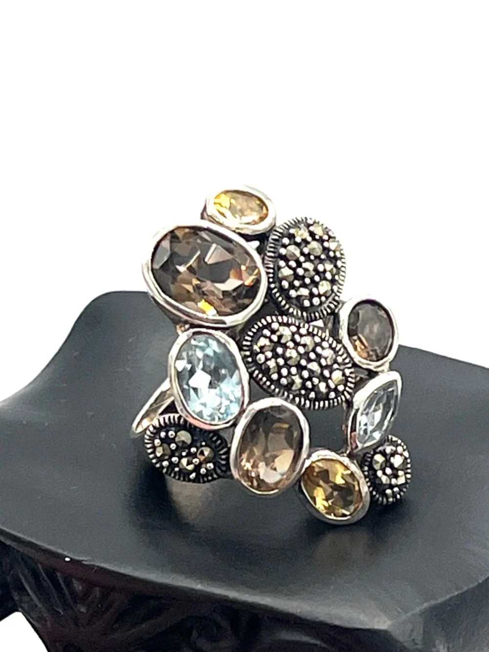 Multistone Floral Cluster Ring - Silver w Blue & Smoky Topaz, Citrine, Marcasite